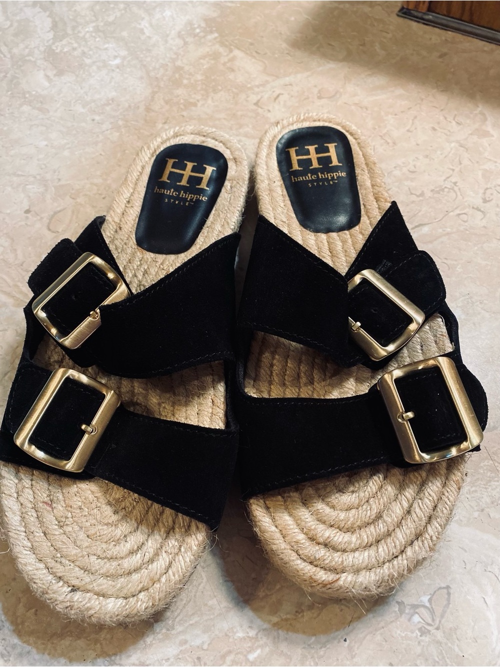 Haute Hippie Black Suede Double Buckle Espadrille Slides with Gold Buckles